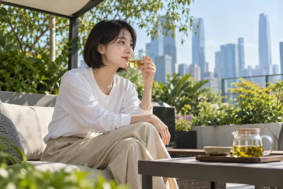 城市花园里，一位年轻女性手持冷泡茶玻璃杯