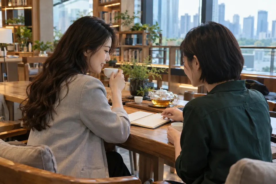 共享书房内，一位年轻女性在笔记本上记录品茶感受